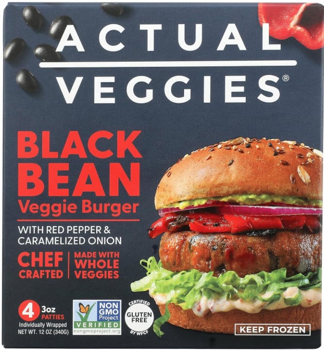 box of actual veggies lower sodium black bean veggie burgers