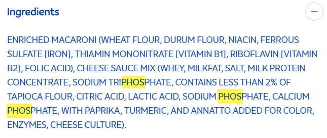 phosphorus additives in boxed macaroni and cheese