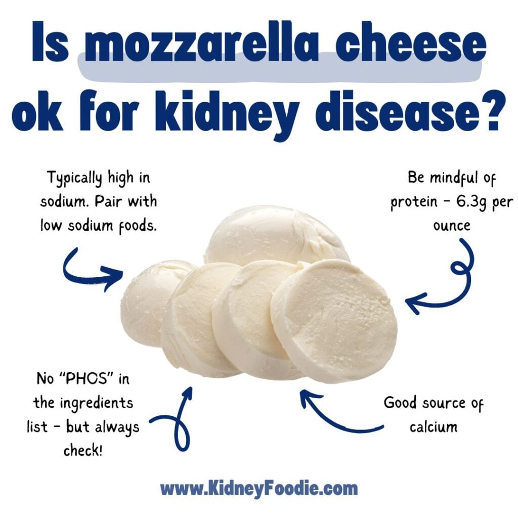 is mozzarella cheese okay for kidney disease image highlighting things to consider about mozzarella cheese for kidney disease including the protein content, balancing out the sodium, checking for phosphorus additives, and using it as a good source of calcium
