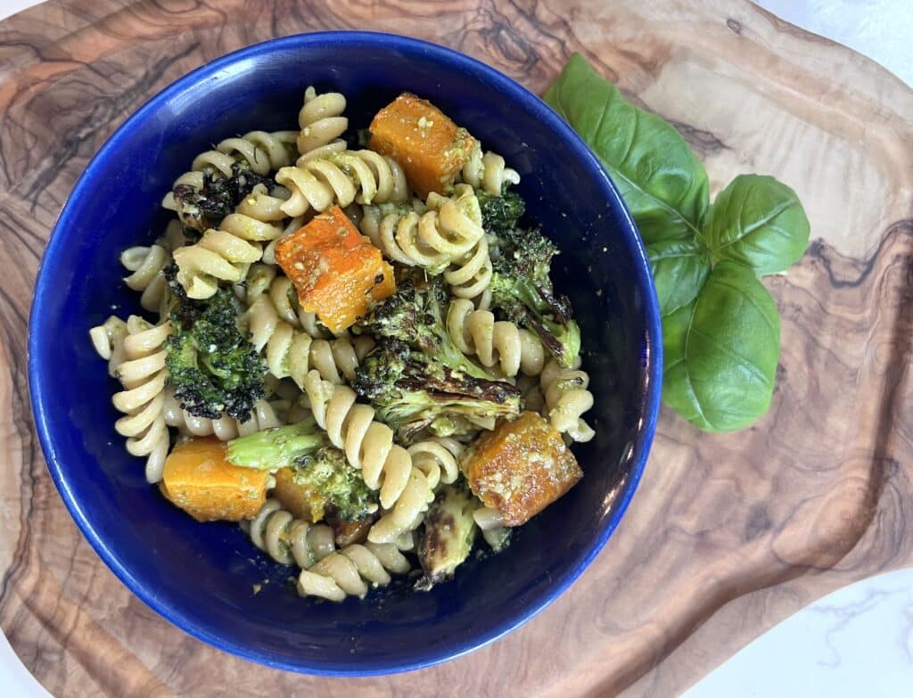 kidney friendly pesto pasta with butternut squash and broccoli